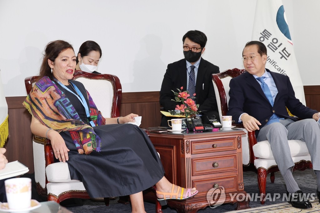 9月2日，在中央政府首尔办公楼，韩国统一部长官权宁世（前排右）与联合国朝鲜人权问题特别报告员伊丽莎白·萨尔蒙交谈（前排左）。 韩联社