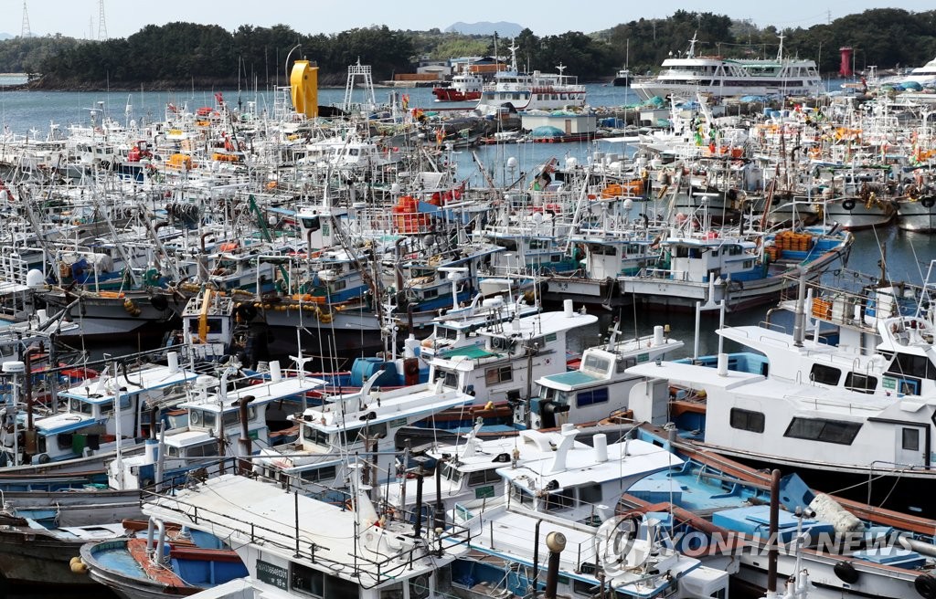 资料图片：9月18日，在丽水，渔船纷纷进港躲避台风。 韩联社