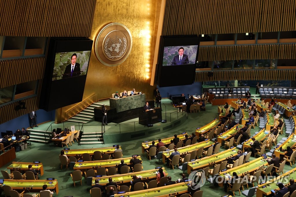 当地时间9月20日，在联合国总部，尹锡悦发表联大主旨演讲。 韩联社