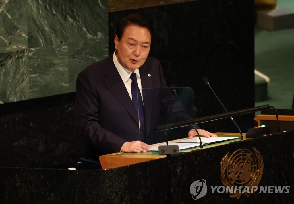 当地时间9月20日，在美国纽约联合国总部，尹锡悦发表联大主旨演讲。 韩联社
