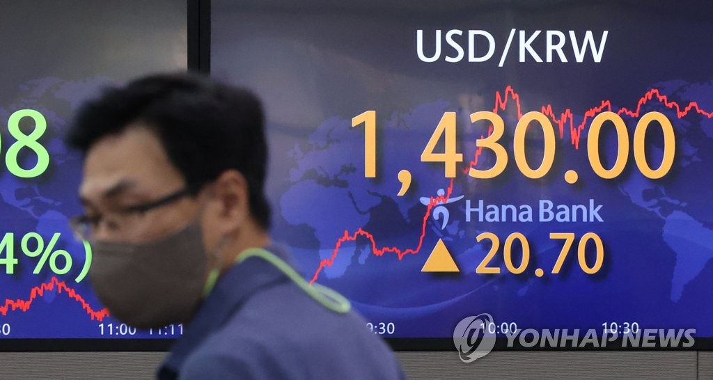 9月26日，韩元对美元汇率在盘中失守1420韩元（约合人民币7.14元）关口。图为位于首尔中区的韩亚银行总行交易厅大屏幕显示韩元对美元汇率。 韩联社