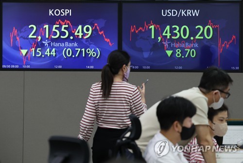 9月30日，在首尔中区的韩亚银行交易大厅，大屏幕显示实时股指和韩元汇率。 韩联社