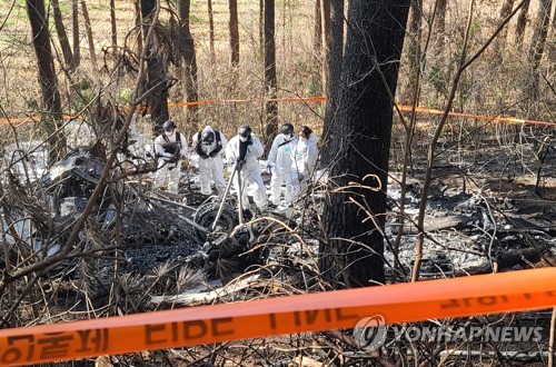 11月27日，在江原道襄阳郡县北面渔城田里一带，一架参与当地林火预防工作的S-58直升机发生坠毁事故，造成5人死亡。图为消防部门在现场搜索。 韩联社