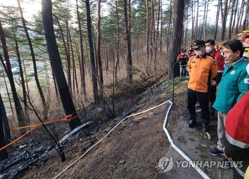 11月27日，在江原道襄阳郡县北面附近的一座荒山，一架参与林火预防工作的S-58直升机发生坠毁事故，造成5人死亡。图为江原道道知事金镇台（绿衣）来到事故现场。 韩联社