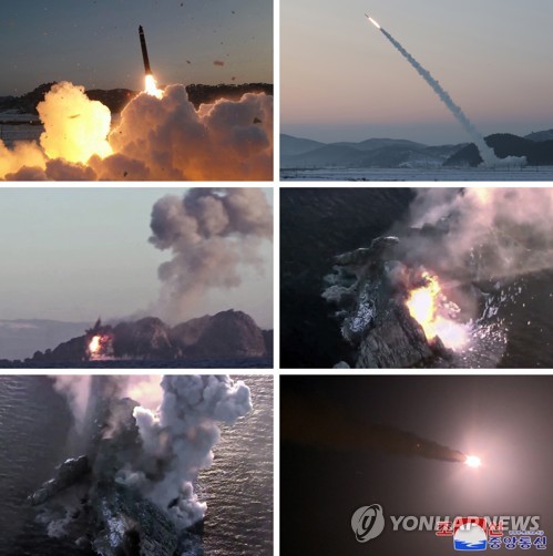 据朝中社1月1日报道，朝鲜在2022年最后一天和2023年开年第一天分别向半岛东部海域发射了3枚和1枚超大型多管火箭炮。 韩联社/朝中社（图片仅限韩国国内使用，严禁转载复制）