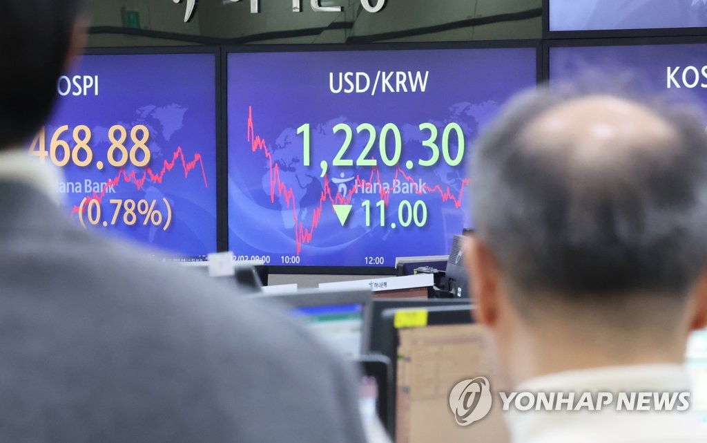 资料图片：韩亚银行总店的职员们关注汇率走势。 韩联社