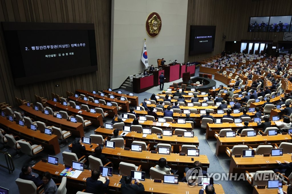 2月8日下午，在国会全体会议上，民主党主导弹劾表决程序。 韩联社