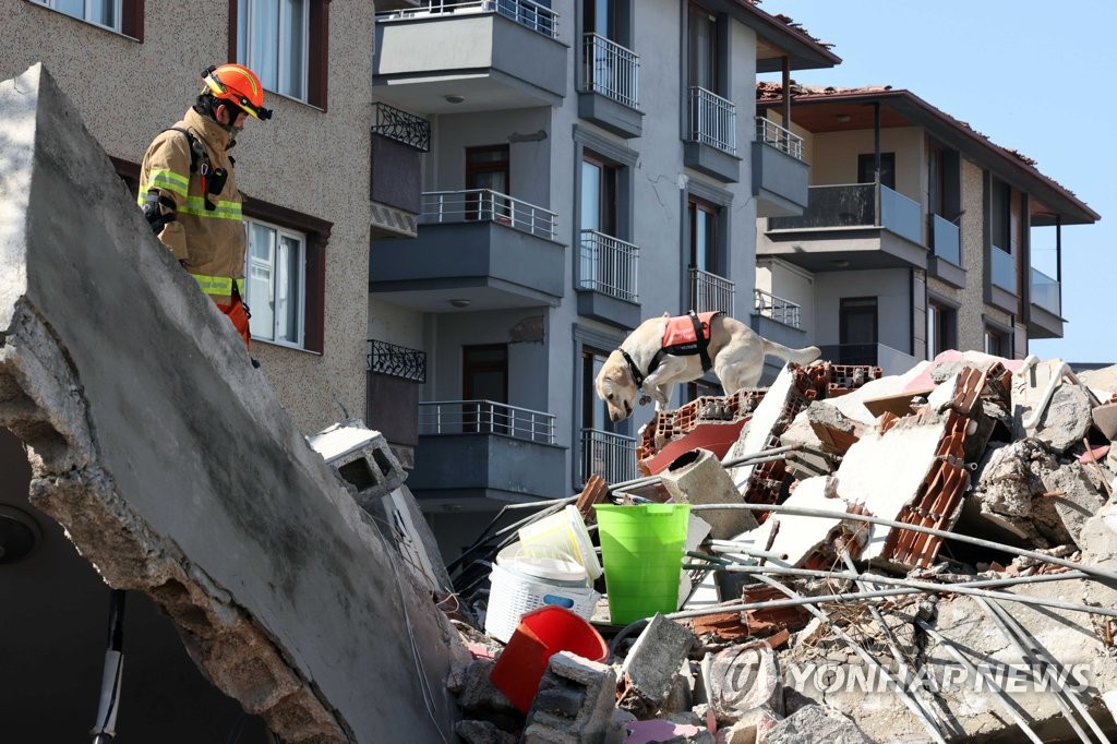 资料图片：当地时间2月10日，在土耳其地震灾区，韩国救援队队员和救援犬正在开展救援。 韩联社