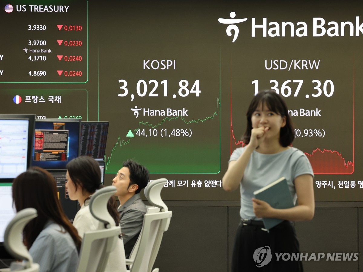 6月20日，韩国综合股价指数（KOSPI）收盘报3021.84点，较前一交易日收盘价大涨44.10点（1.48%），时隔三年半再破3000点关口。图为韩亚银行总行交易大厅的电子屏。 韩联社
